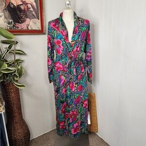 Vintage 80s 90s Red Pink Funky Midi Robe Lingerie Boudoir Pin-Up Size Small